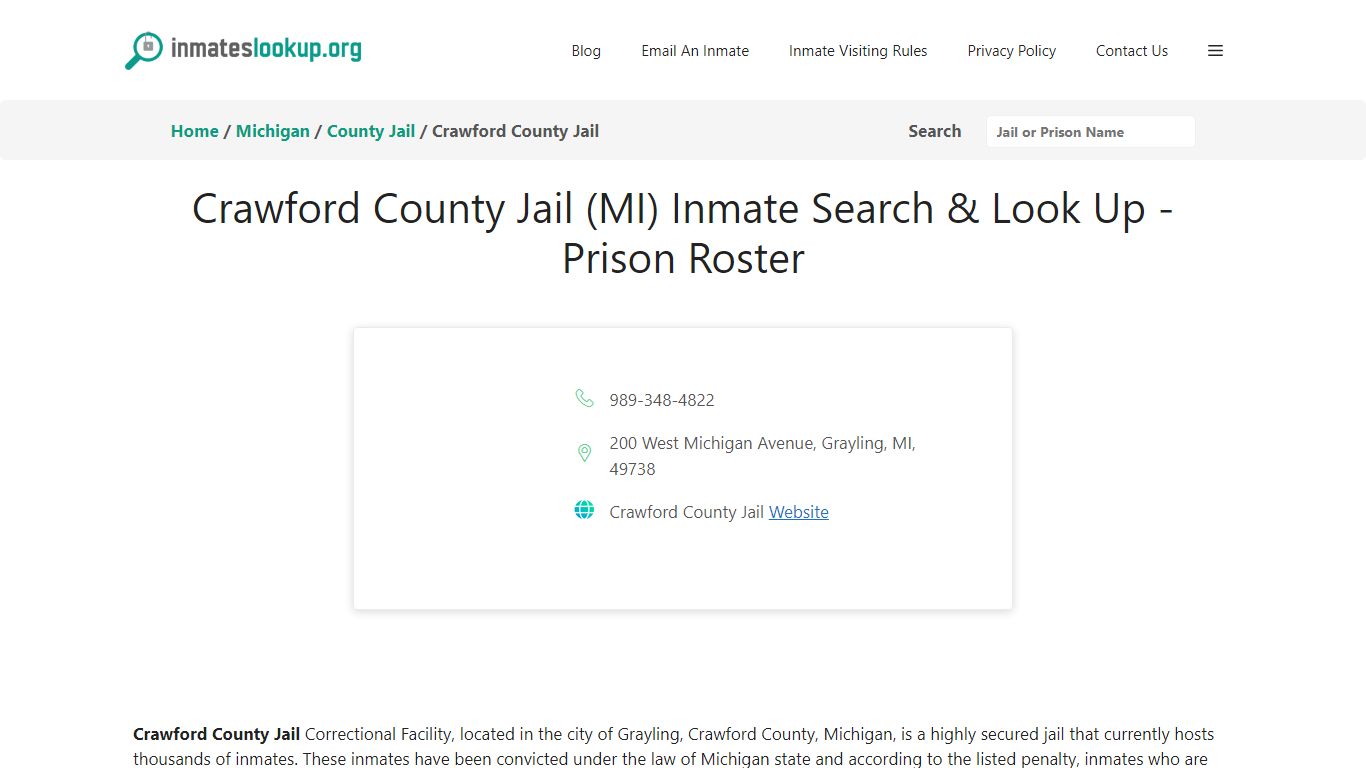 Crawford County Jail (MI) Inmate Search & Look Up - Prison Roster